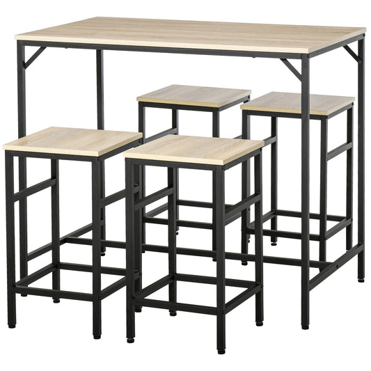 5-piece bar table set, steel frame, oak finish