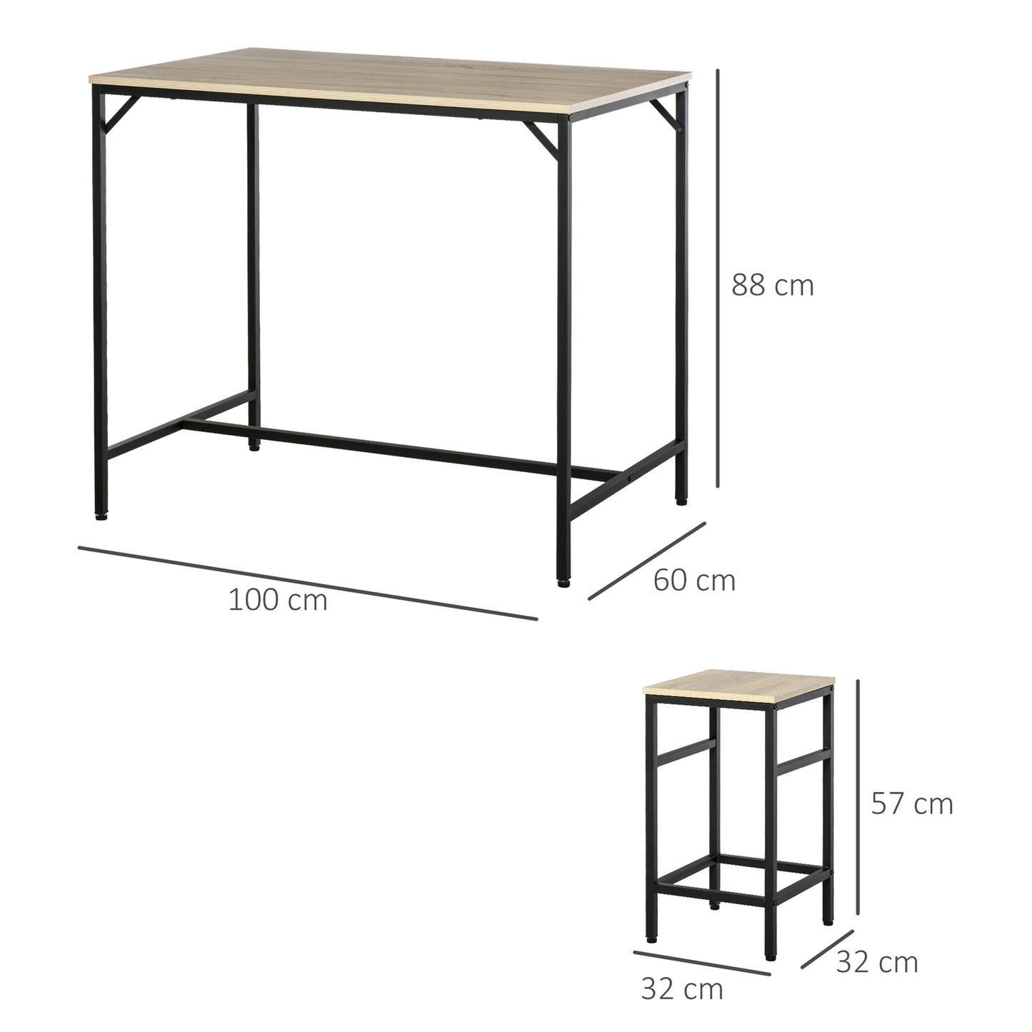 5-piece bar table set, steel frame, oak finish