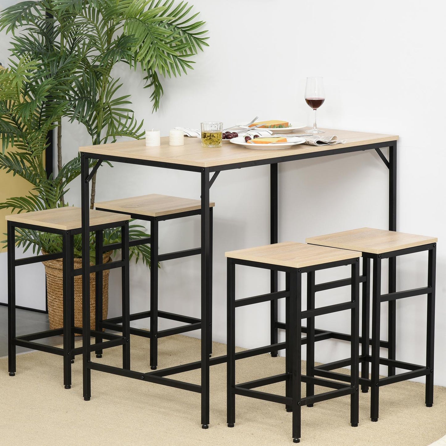 5-piece bar table set, steel frame, oak finish