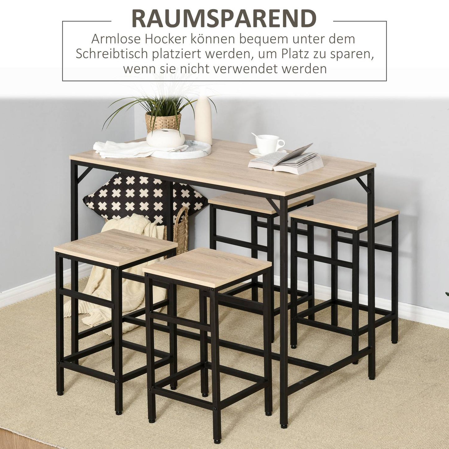 5-piece bar table set, steel frame, oak finish