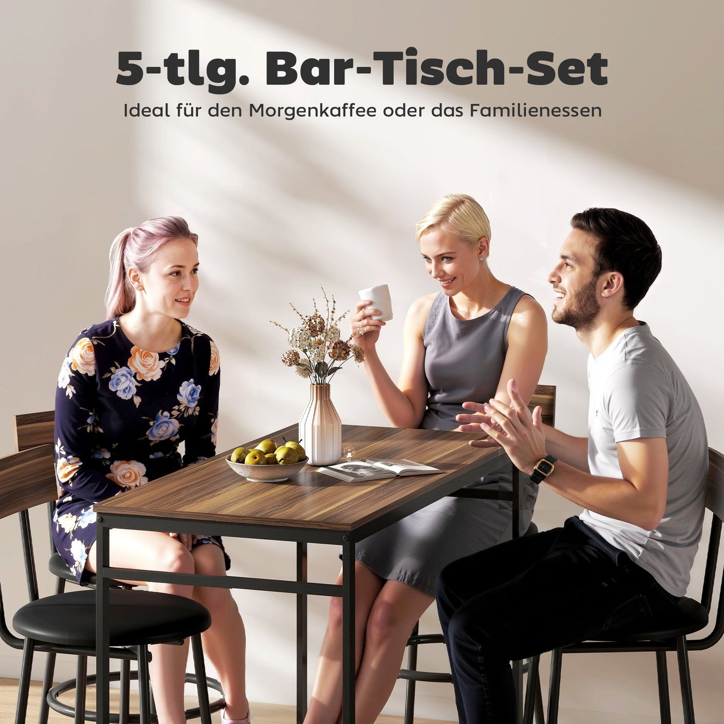Bar Table Set, 5-Piece, Wood & Steel, Industrial Design