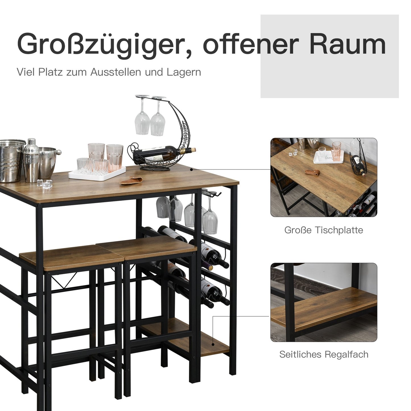 3-piece bar table set, natural chipboard and steel