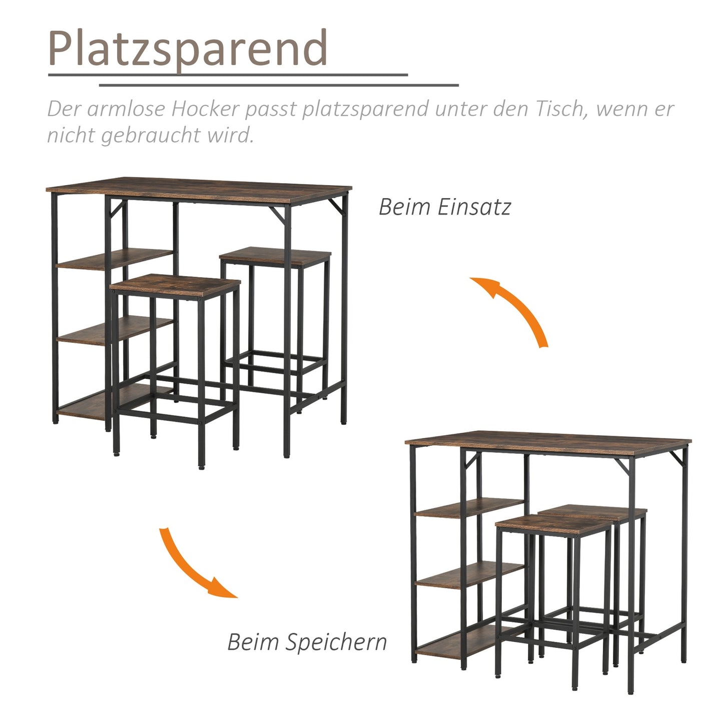 3-piece rustic bar table set with shelves, steel frame