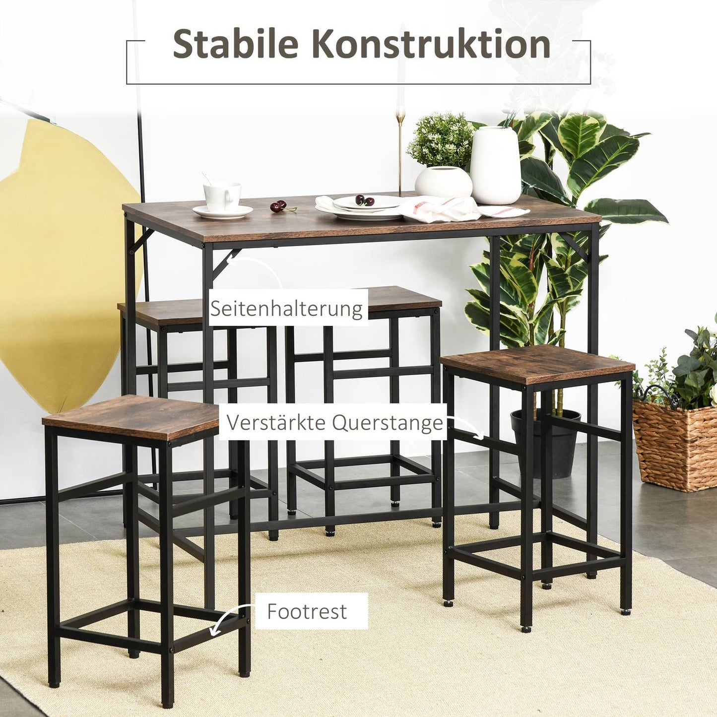 5-piece rustic brown bar table set with 4 stools