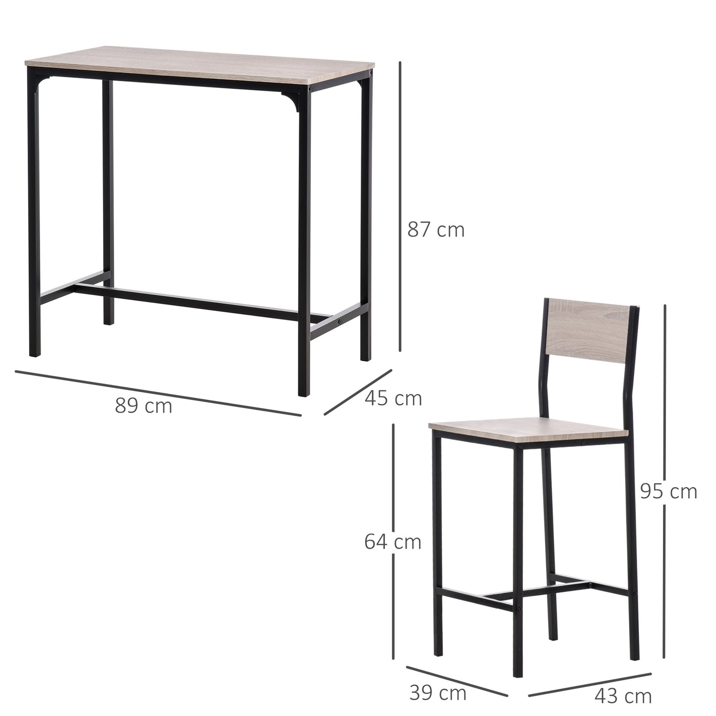 3-piece bar table set with two chairs, natural MDF