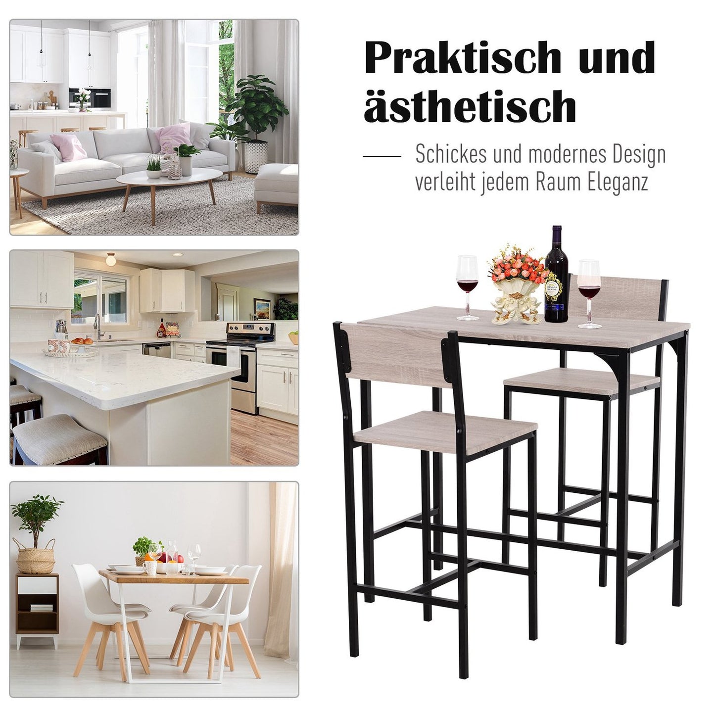 3-piece bar table set with two chairs, natural MDF