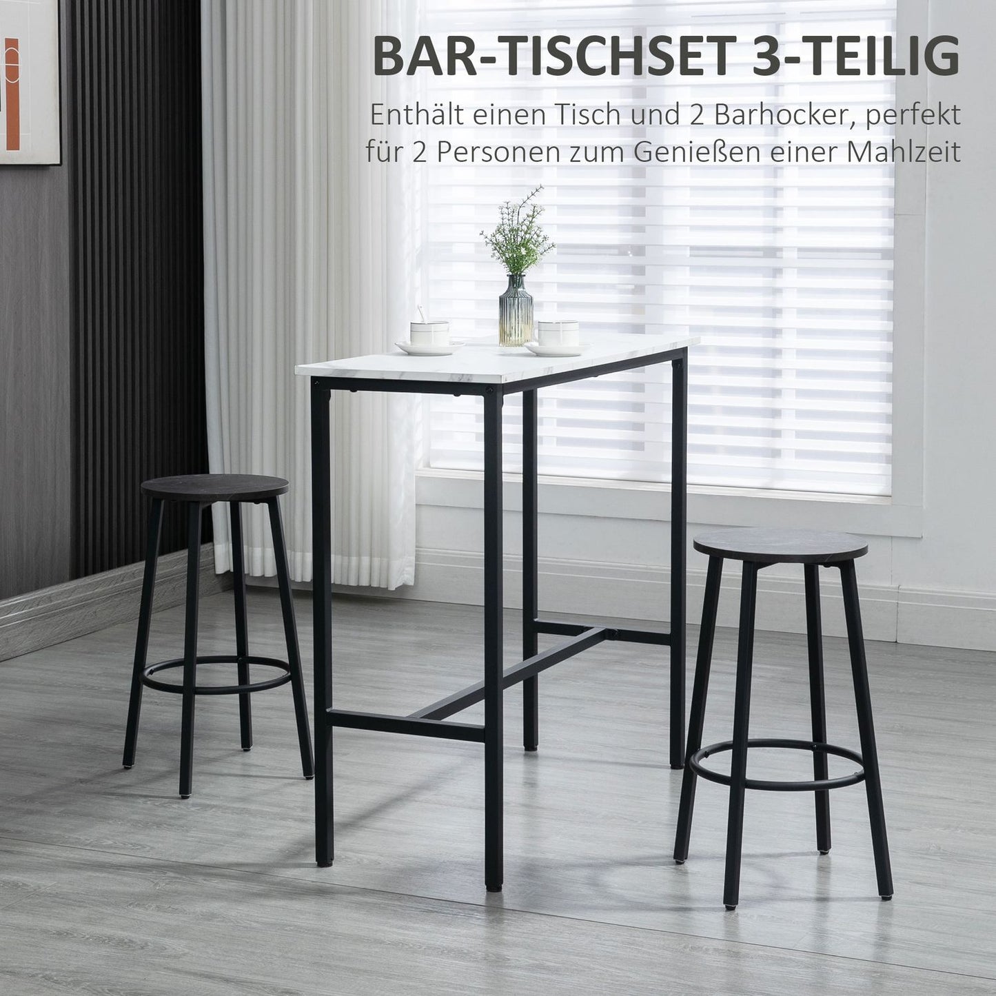 3-piece dining table set in steel with white and black stools