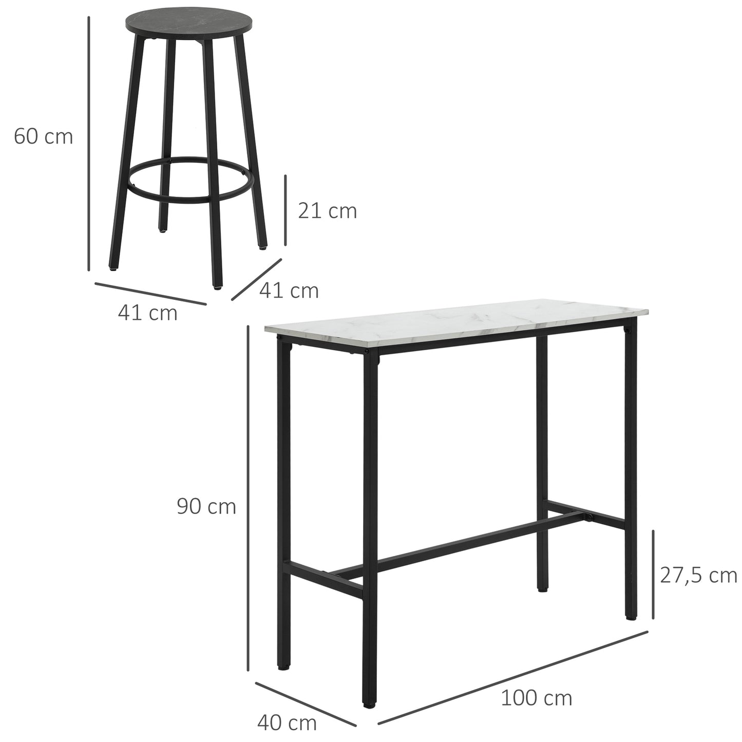 3-piece dining table set in steel with white and black stools