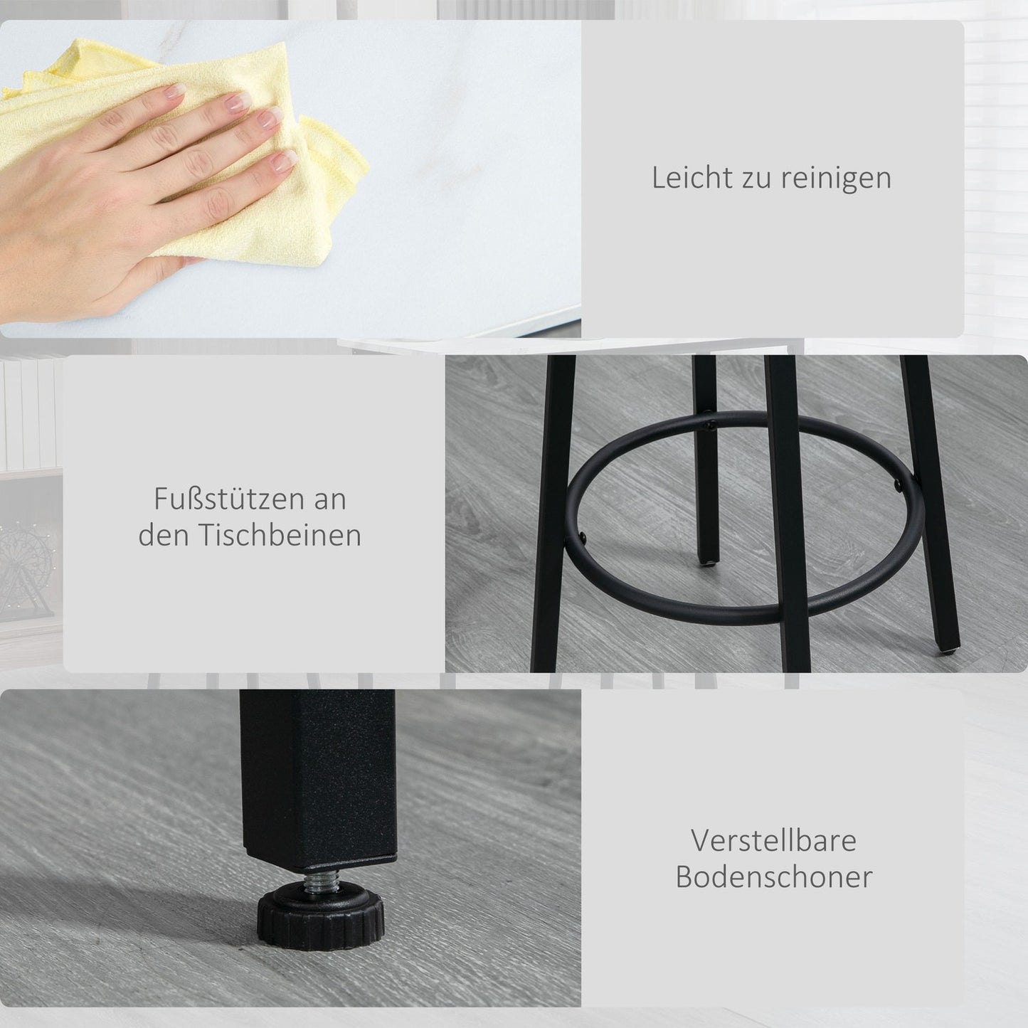 3-piece dining table set in steel with white and black stools