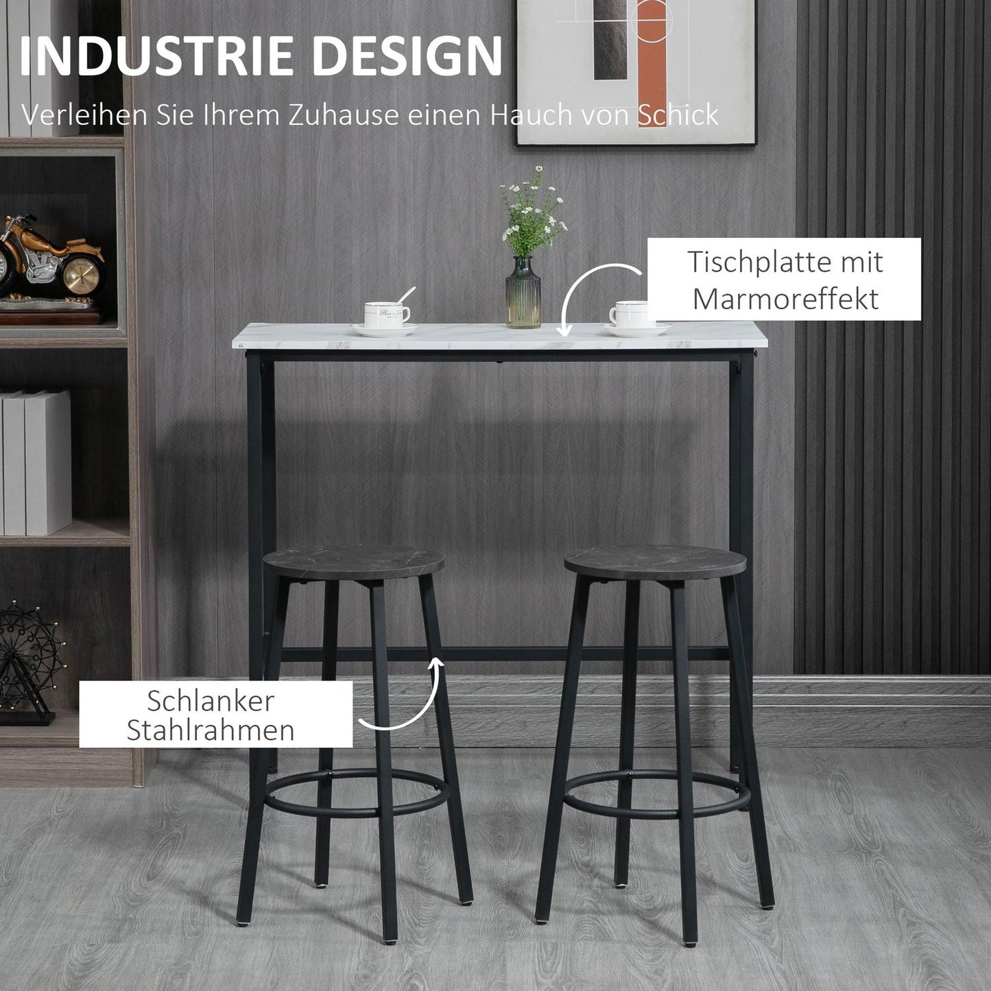 3-piece dining table set in steel with white and black stools