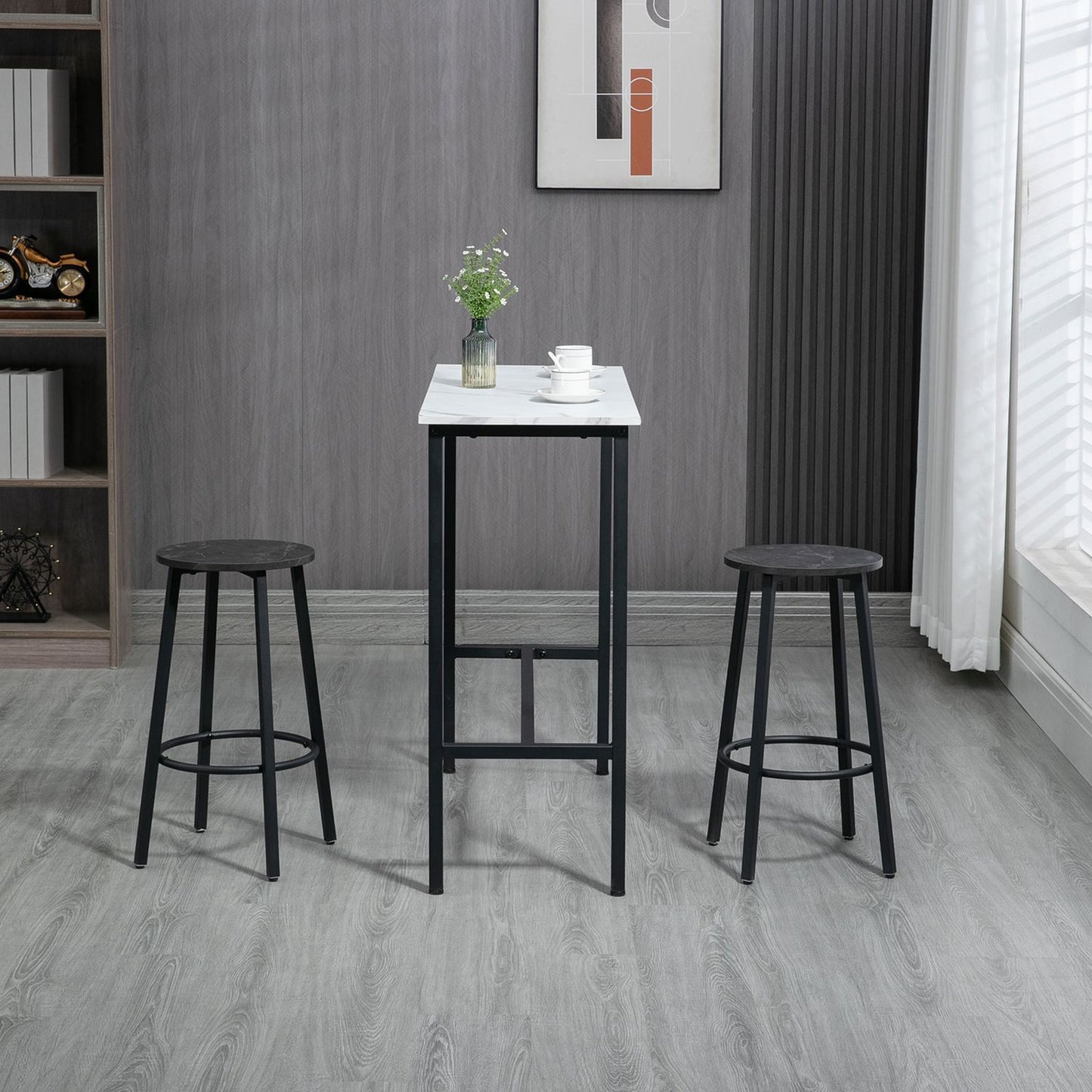 3-piece dining table set in steel with white and black stools