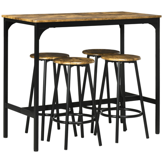 Industrial bar table set with 4 stools, rustic brown