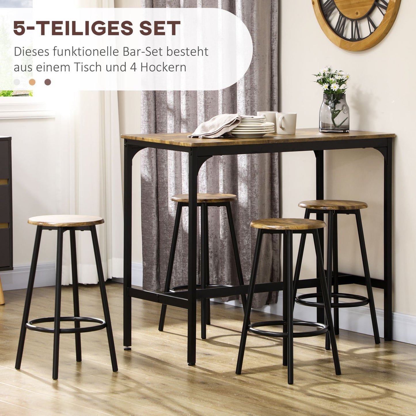 Industrial bar table set with 4 stools, rustic brown