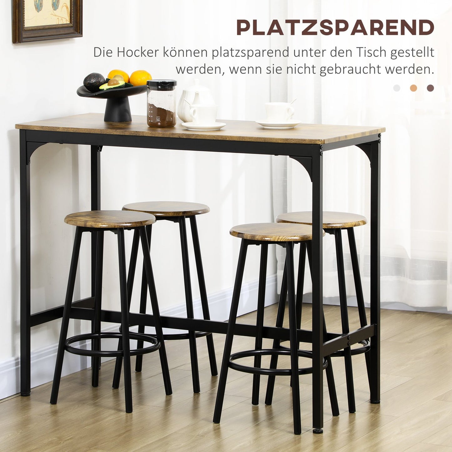 Industrial bar table set with 4 stools, rustic brown