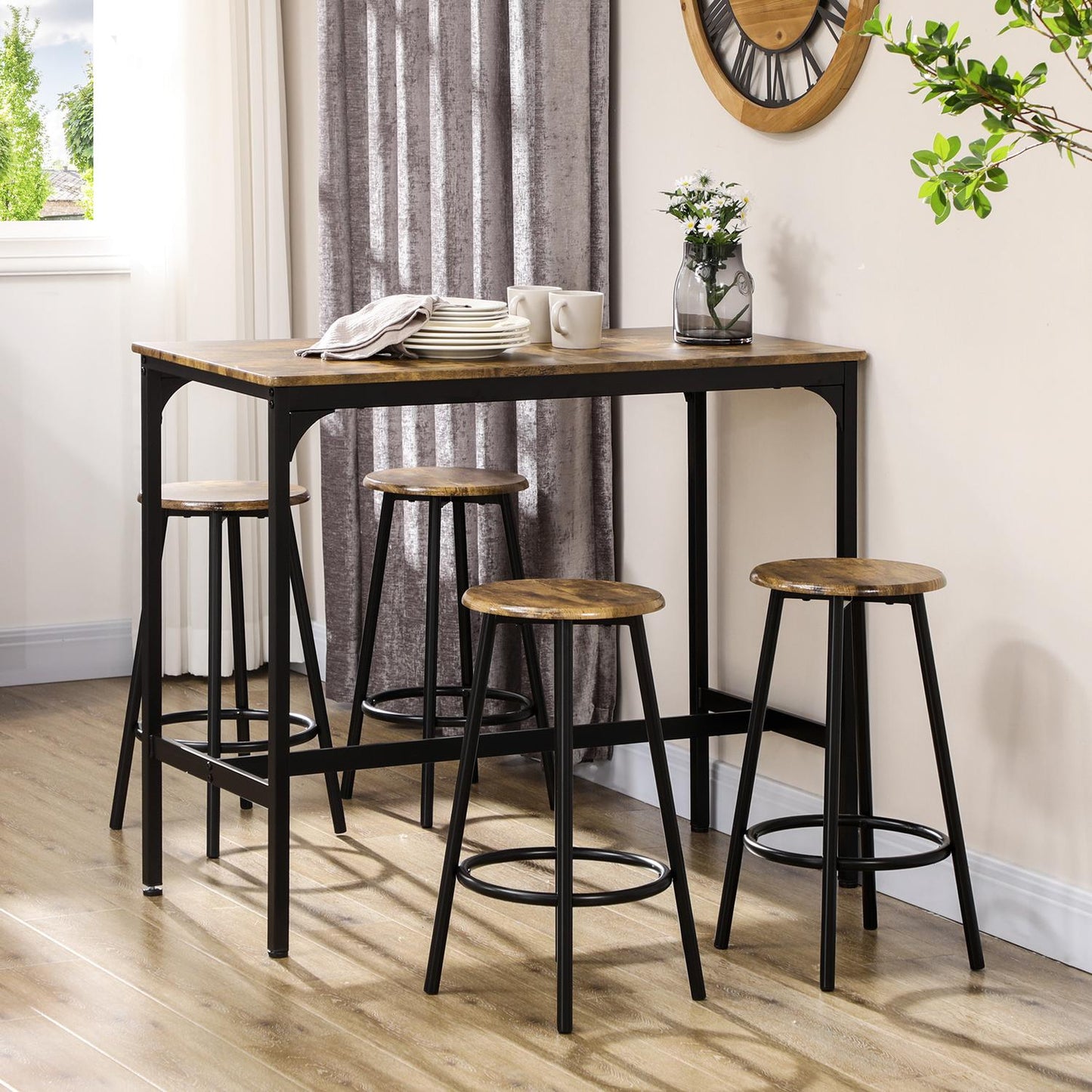 Industrial bar table set with 4 stools, rustic brown