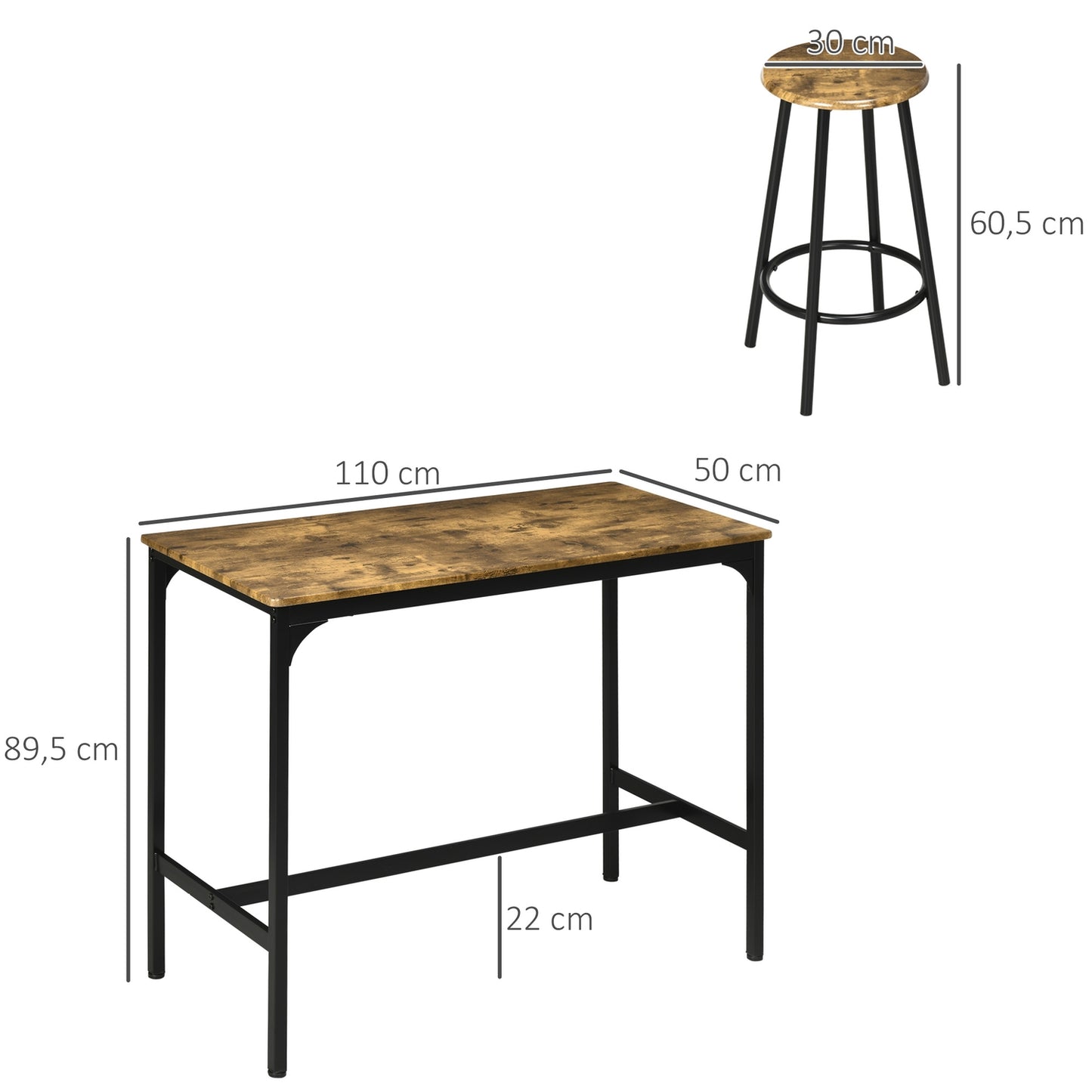 Industrial bar table set with 4 stools, rustic brown