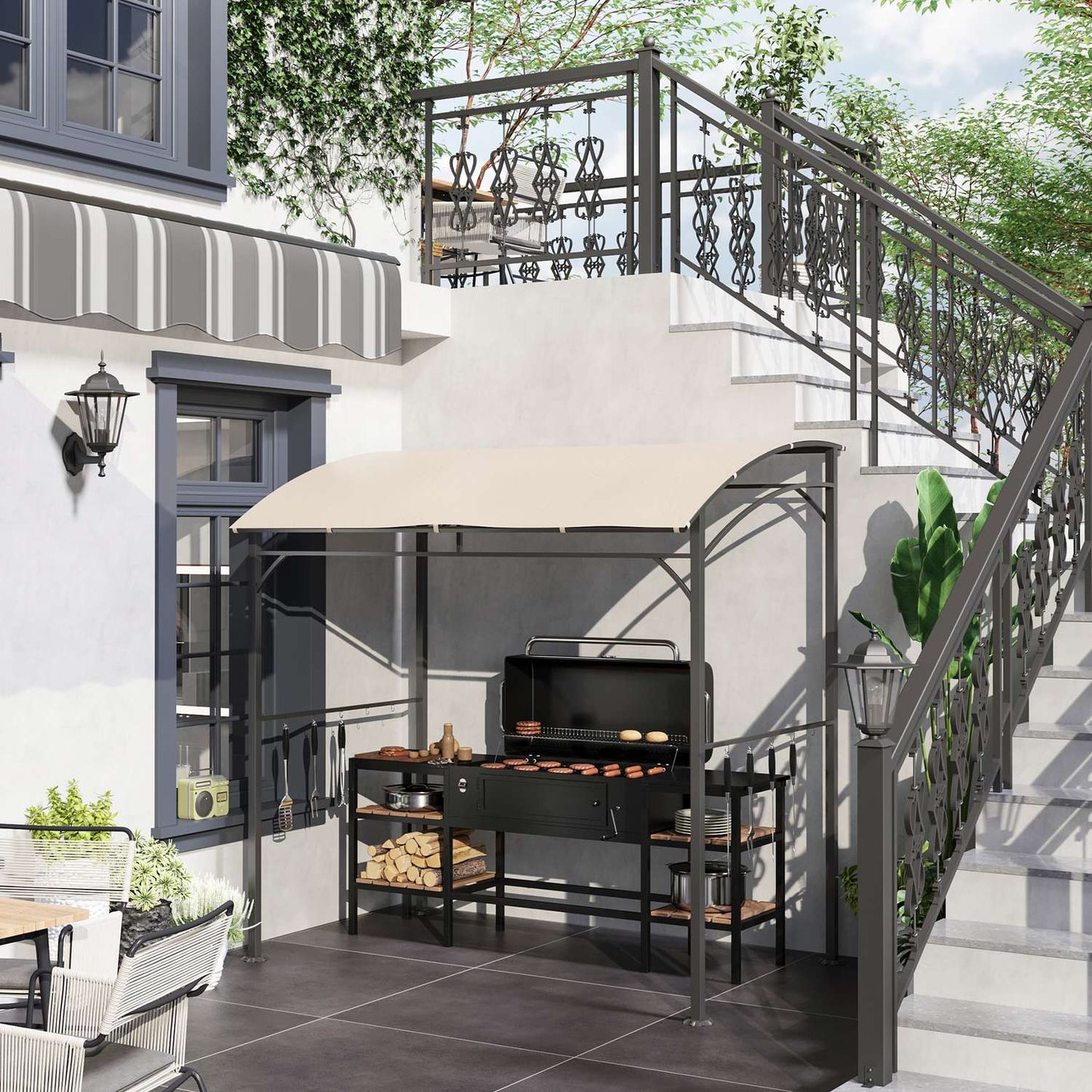 Grill roof with UV-resistant rain cover, beige steel frame