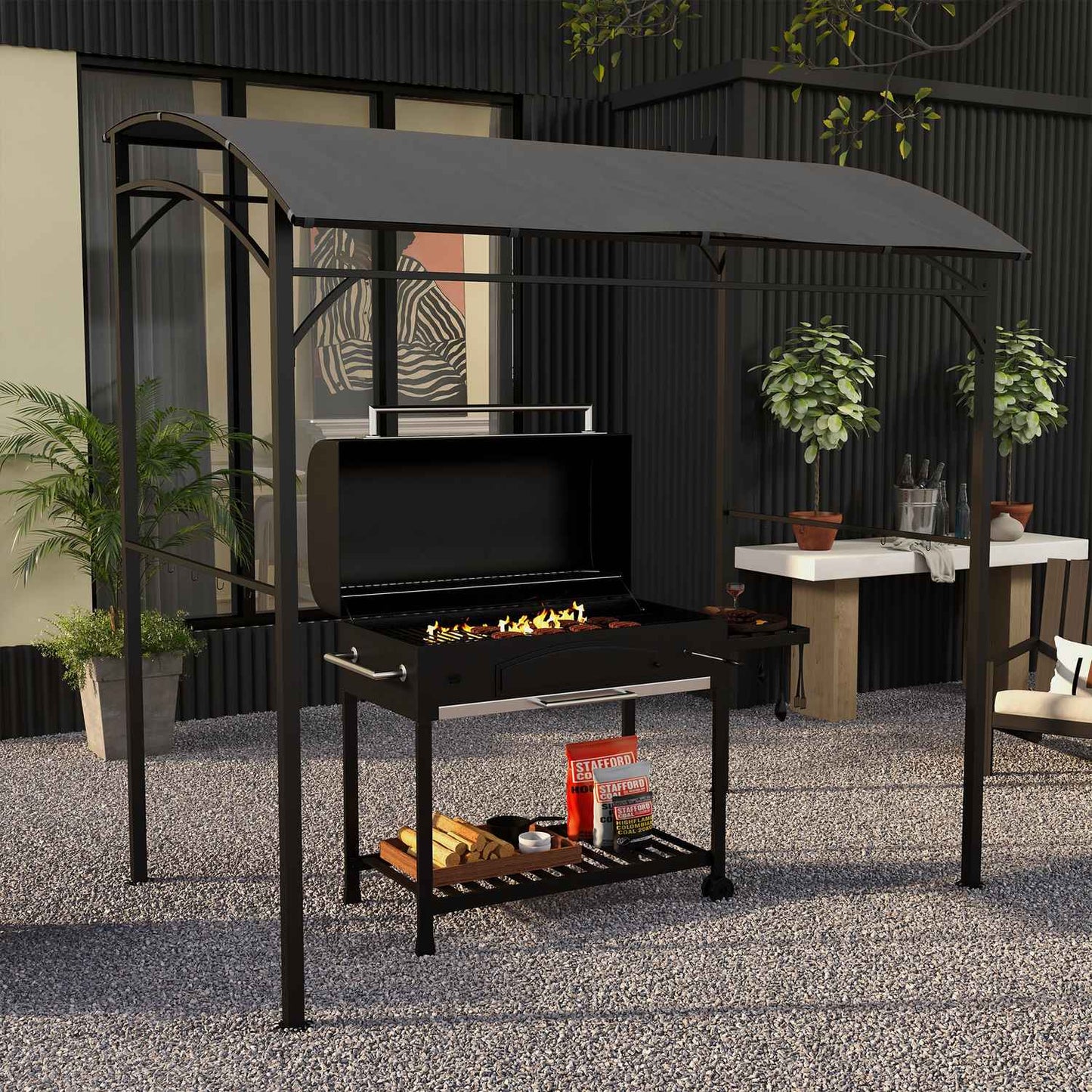 Water-resistant barbecue pavilion, curved roof, 215x150x220 cm, dark gray