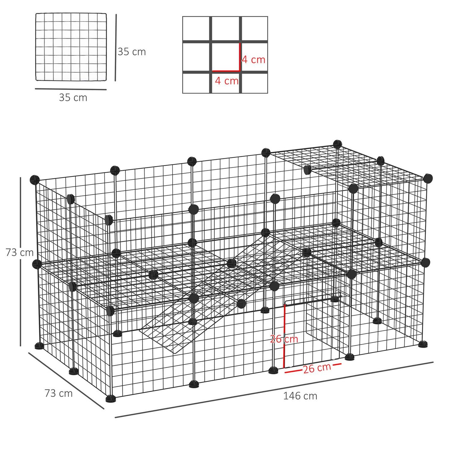Playpen for small animals and puppies, black 36 panels, 146x73x73 cm