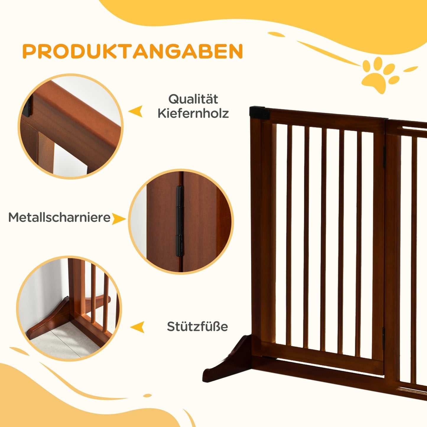 Freestanding wooden dog gate with door, brown, adjustable