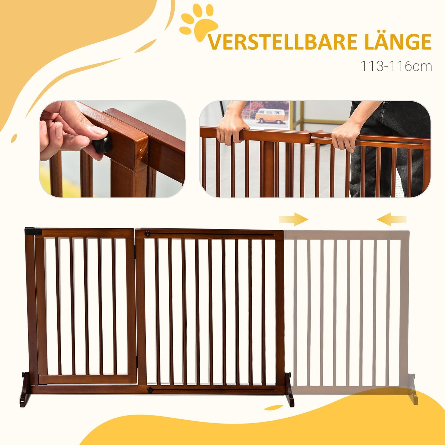 Freestanding wooden dog gate with door, brown, adjustable