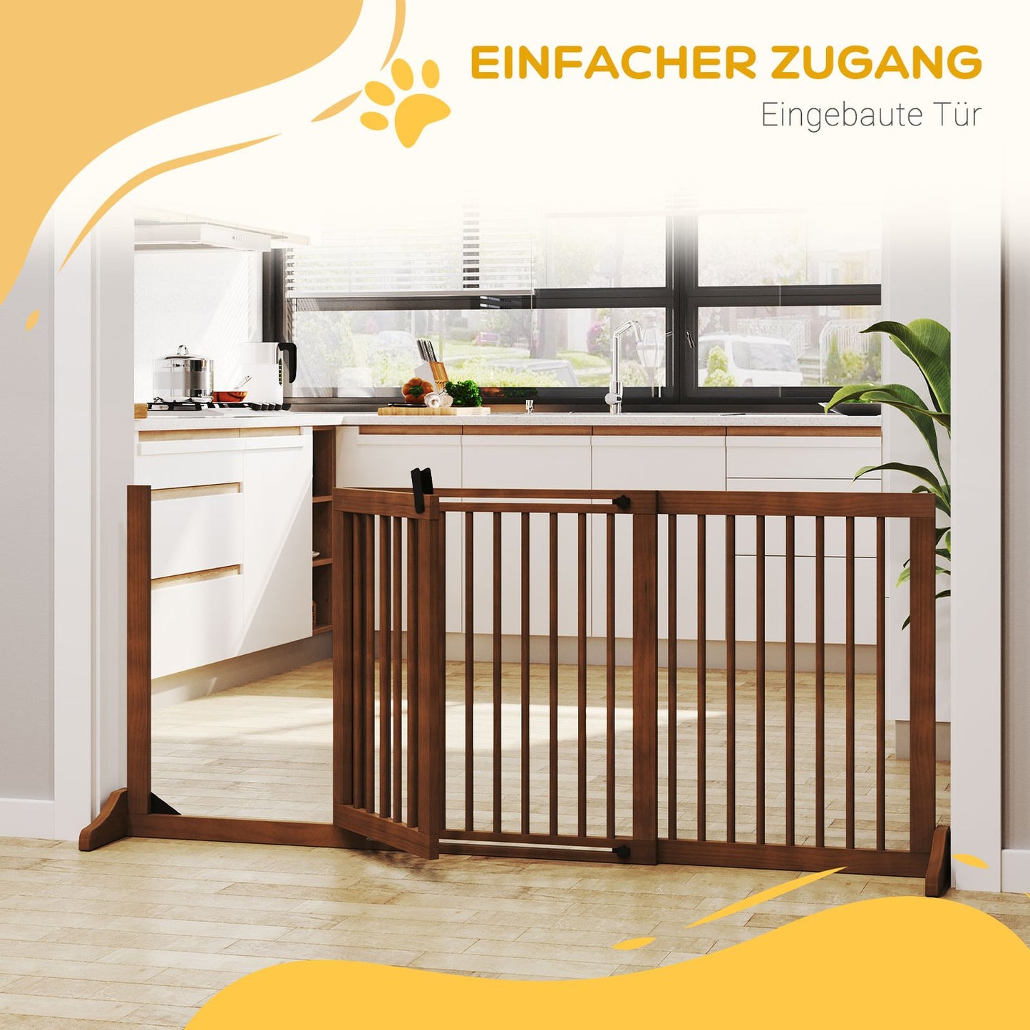 Freestanding wooden dog gate with door, brown, adjustable