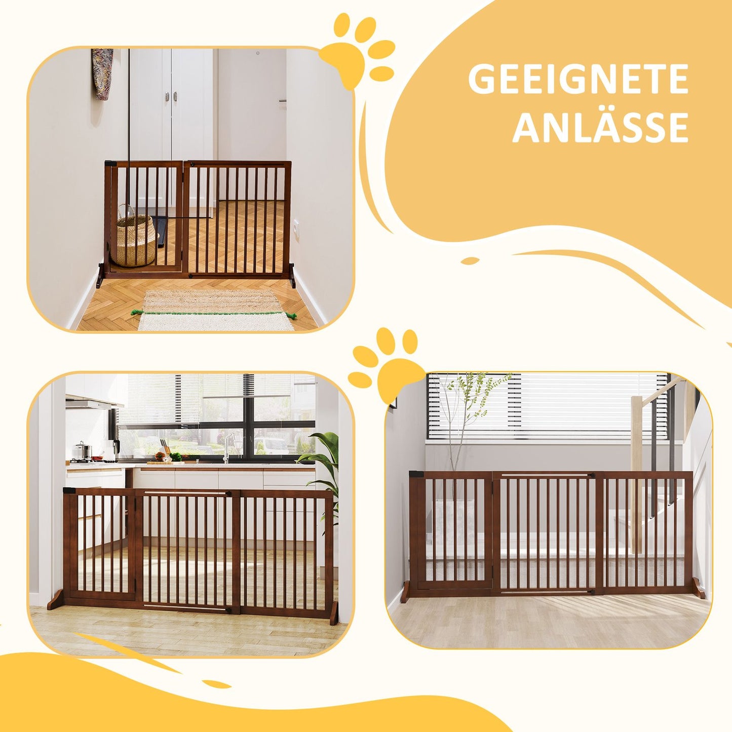 Freestanding wooden dog gate with door, brown, adjustable