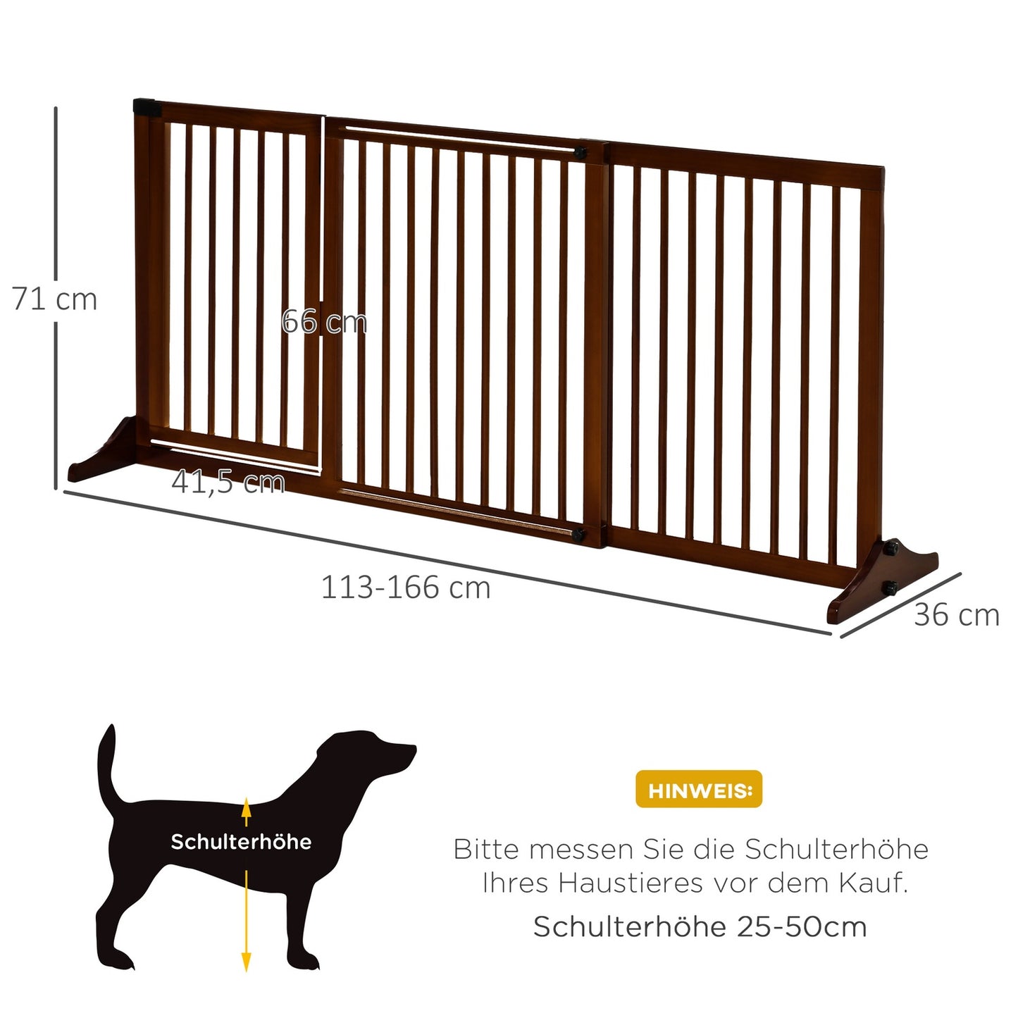Freestanding wooden dog gate with door, brown, adjustable