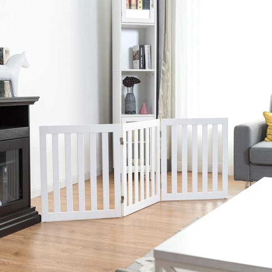 Barrier gate for dogs, 60 cm high, protective gate made of wood, foldable, 3 panels, white