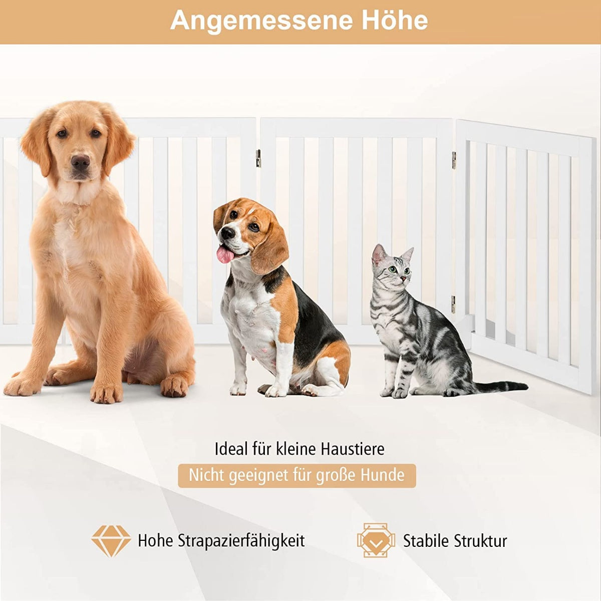 Barrier gate for dogs, 60 cm high, protective gate made of wood, foldable, 3 panels, white