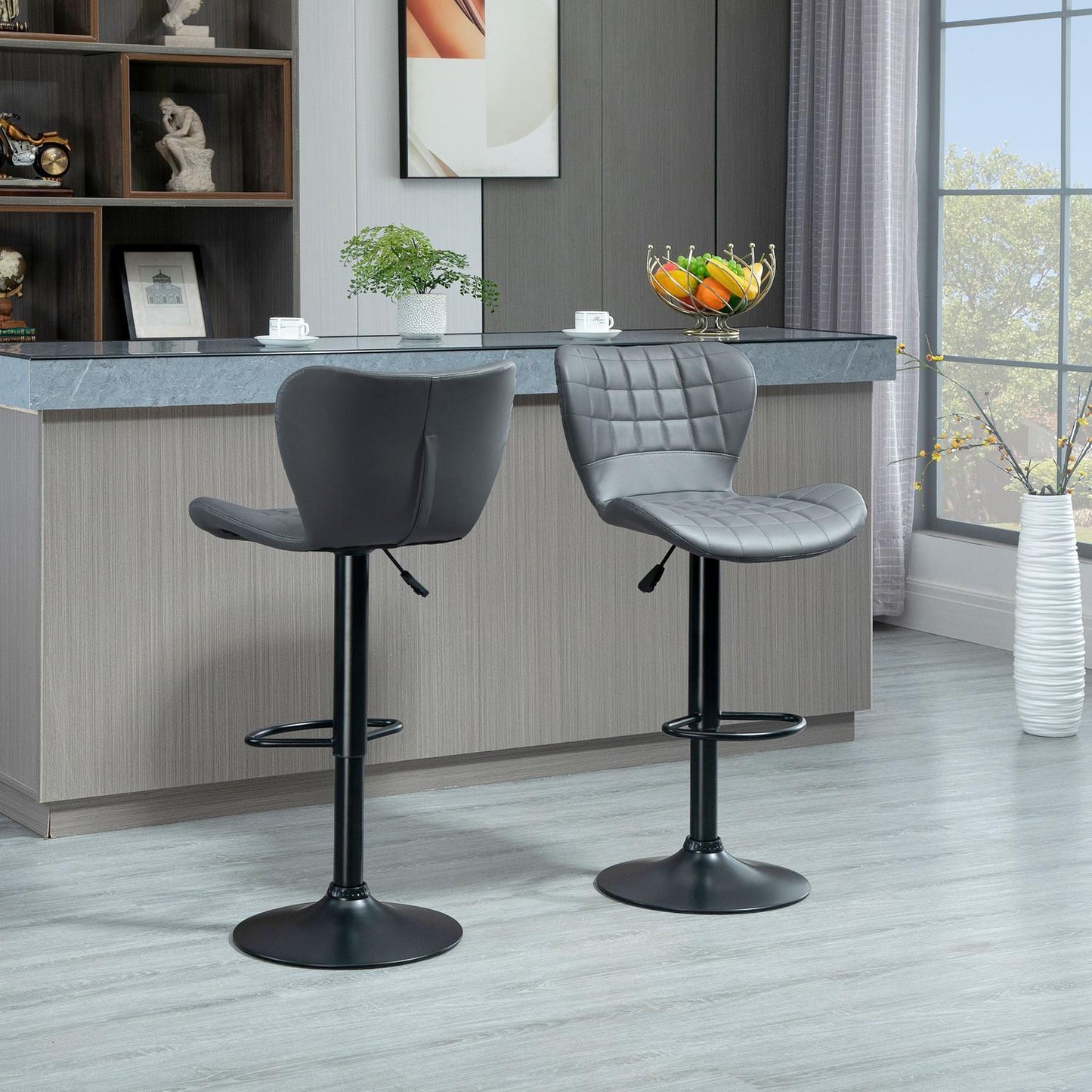 Adjustable Gray Bar Stools Set of 2 - Backrest & Footrest