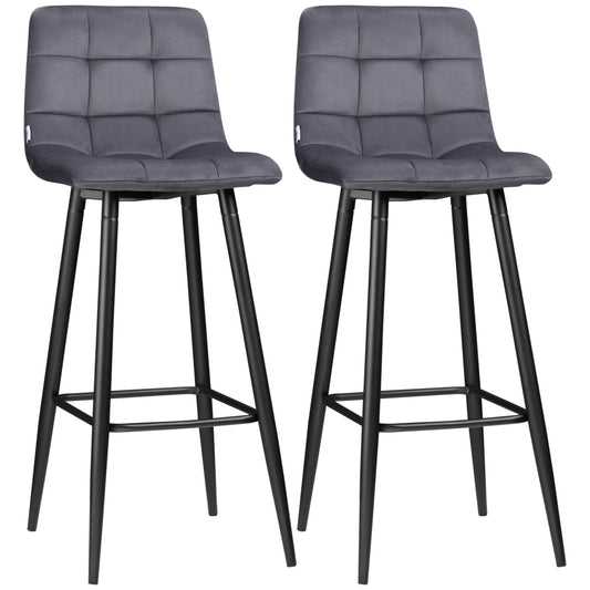 Modern steel bar stool set, velvet, non-slip, 2-pack, gray