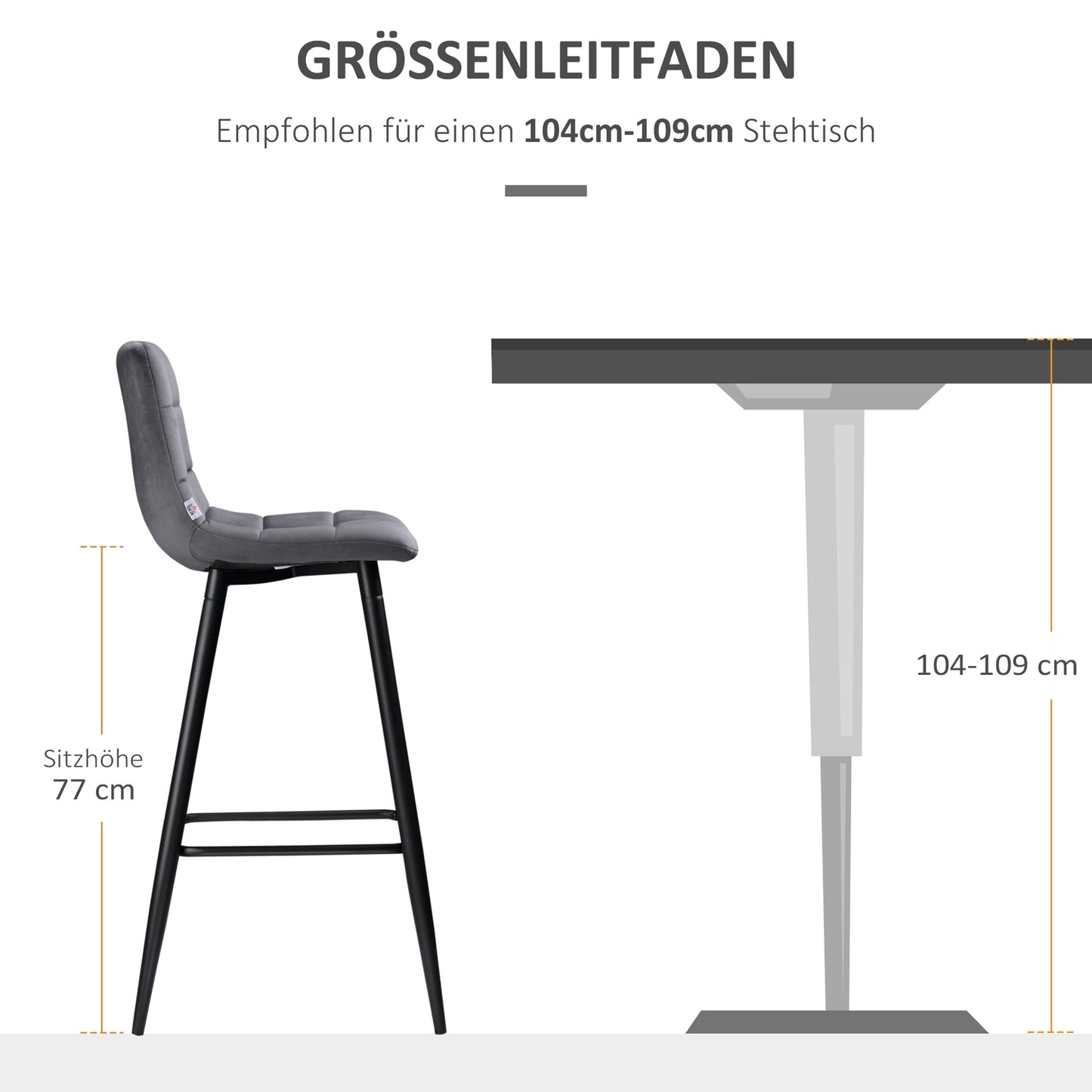 Modern steel bar stool set, velvet, non-slip, 2-pack, gray