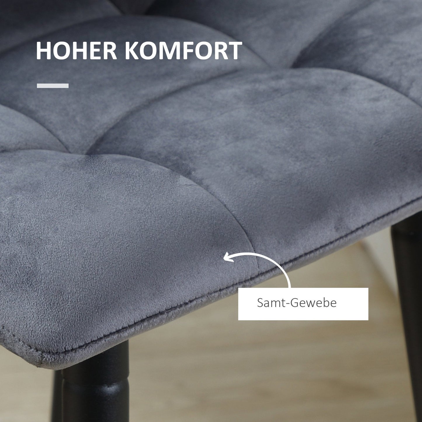 Modern steel bar stool set, velvet, non-slip, 2-pack, gray