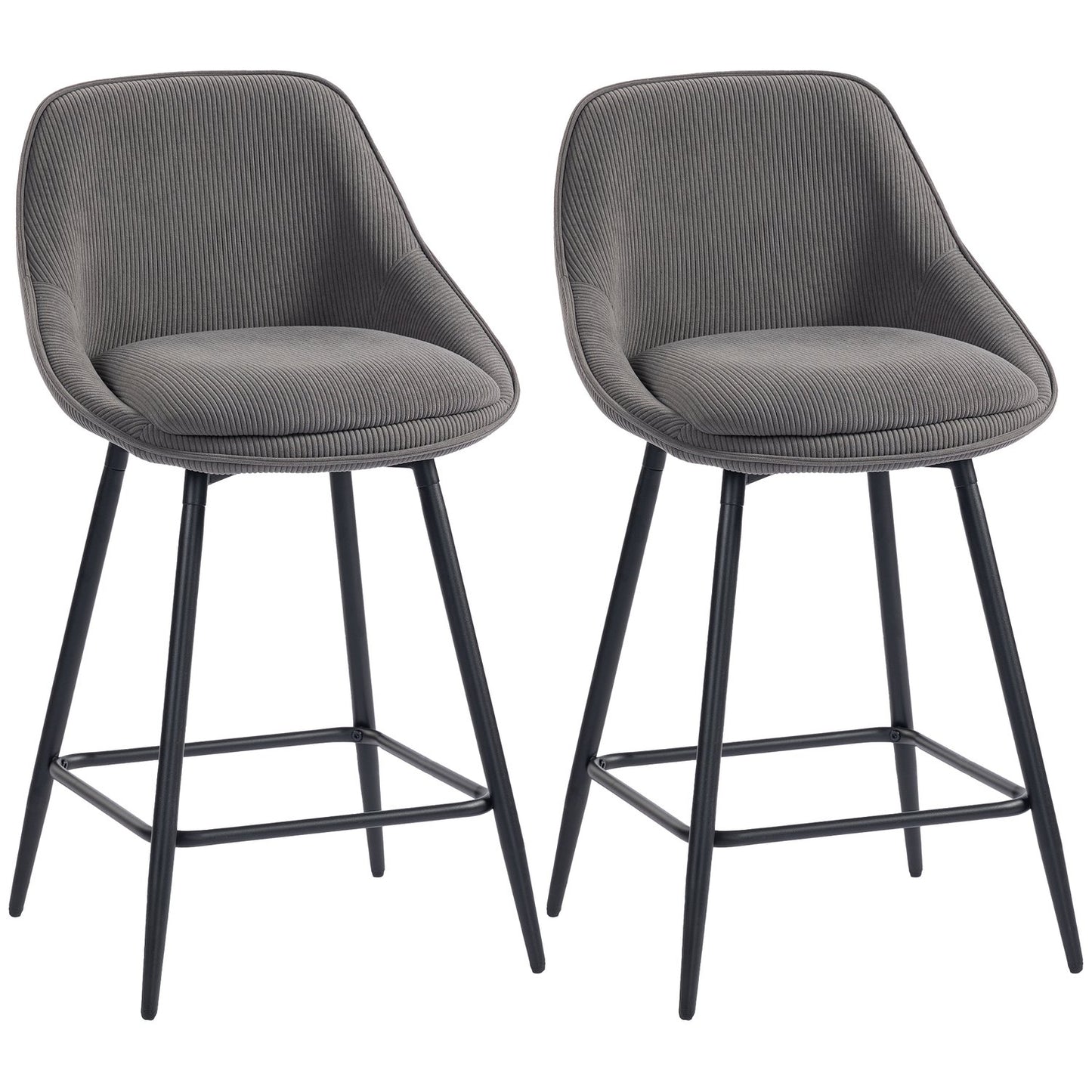 Barstools Set of 2, Cord Upholstery, Steel Legs, Gray
