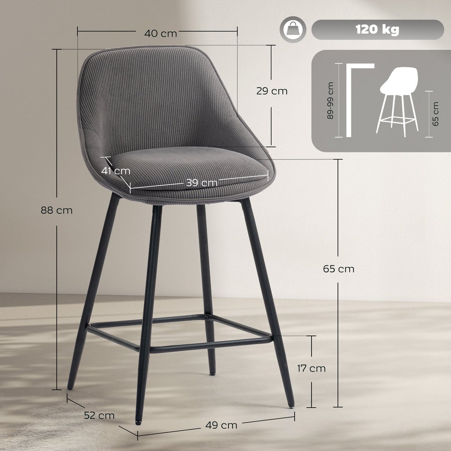 Barstools Set of 2, Cord Upholstery, Steel Legs, Gray