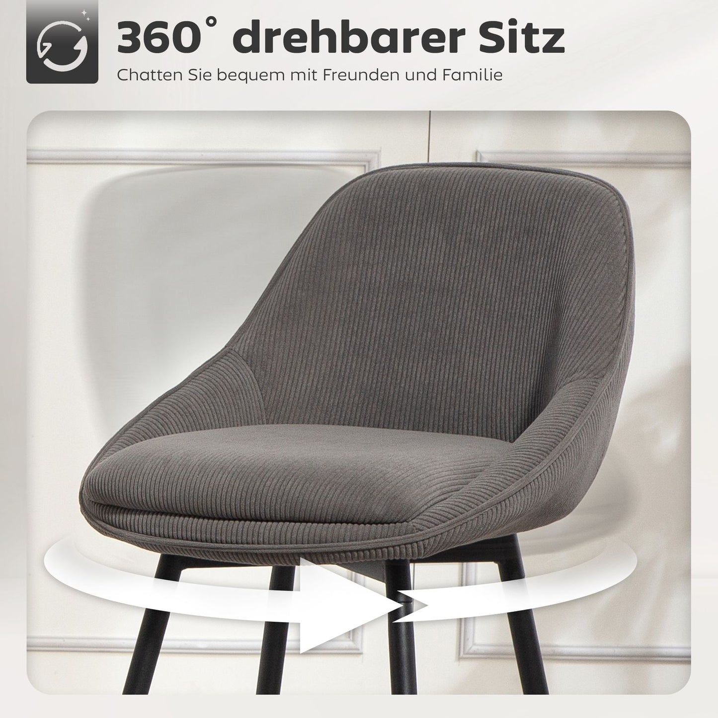 Barstools Set of 2, Cord Upholstery, Steel Legs, Gray