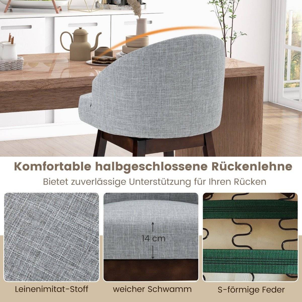 Bar stool set of 2, bar chair, 360° rotatable, kitchen stool with backrest and footrest, 55 x 53 x 105 cm, gray + brown