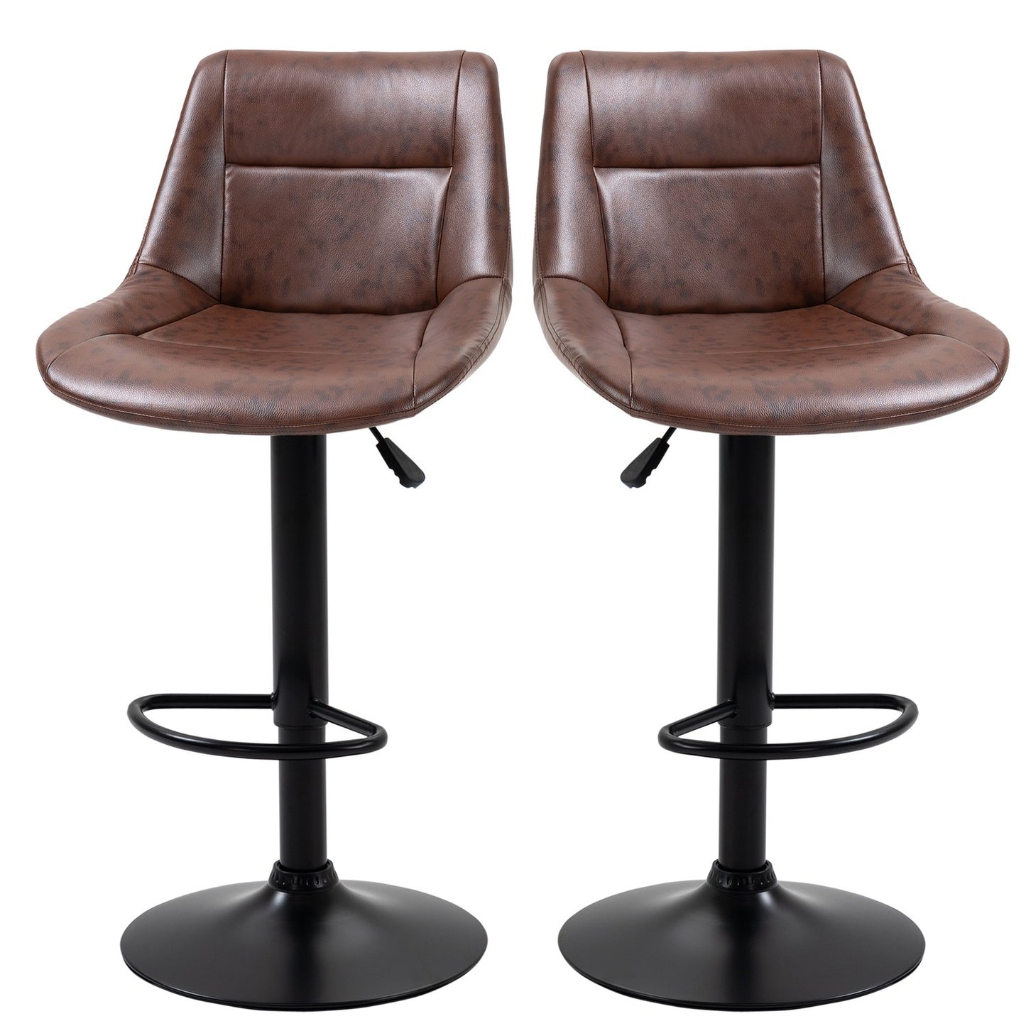 Adjustable barstools in brown artificial leather with backrest, set of 2