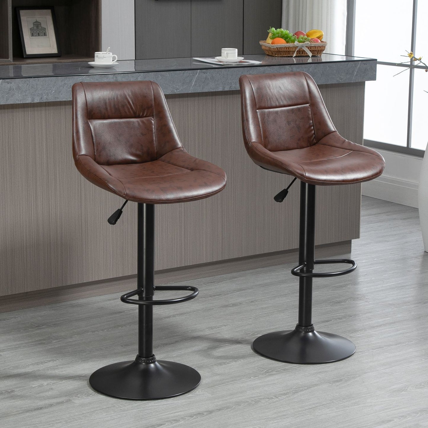 Adjustable barstools in brown artificial leather with backrest, set of 2