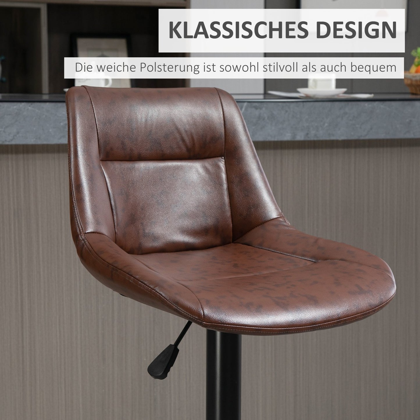 Adjustable barstools in brown artificial leather with backrest, set of 2