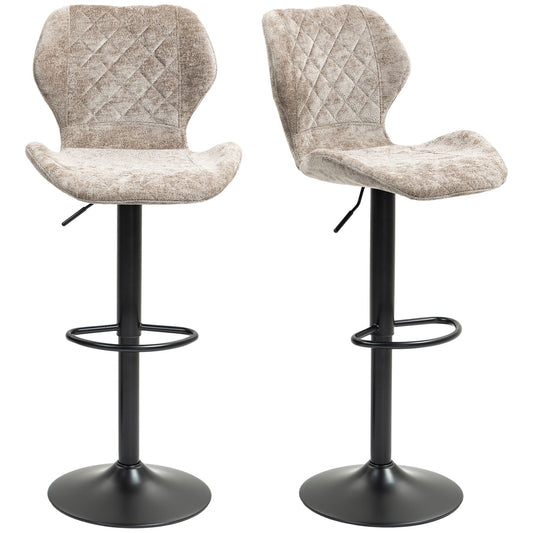 Adjustable brown chenille bar stools, 360° rotatable, set of 2