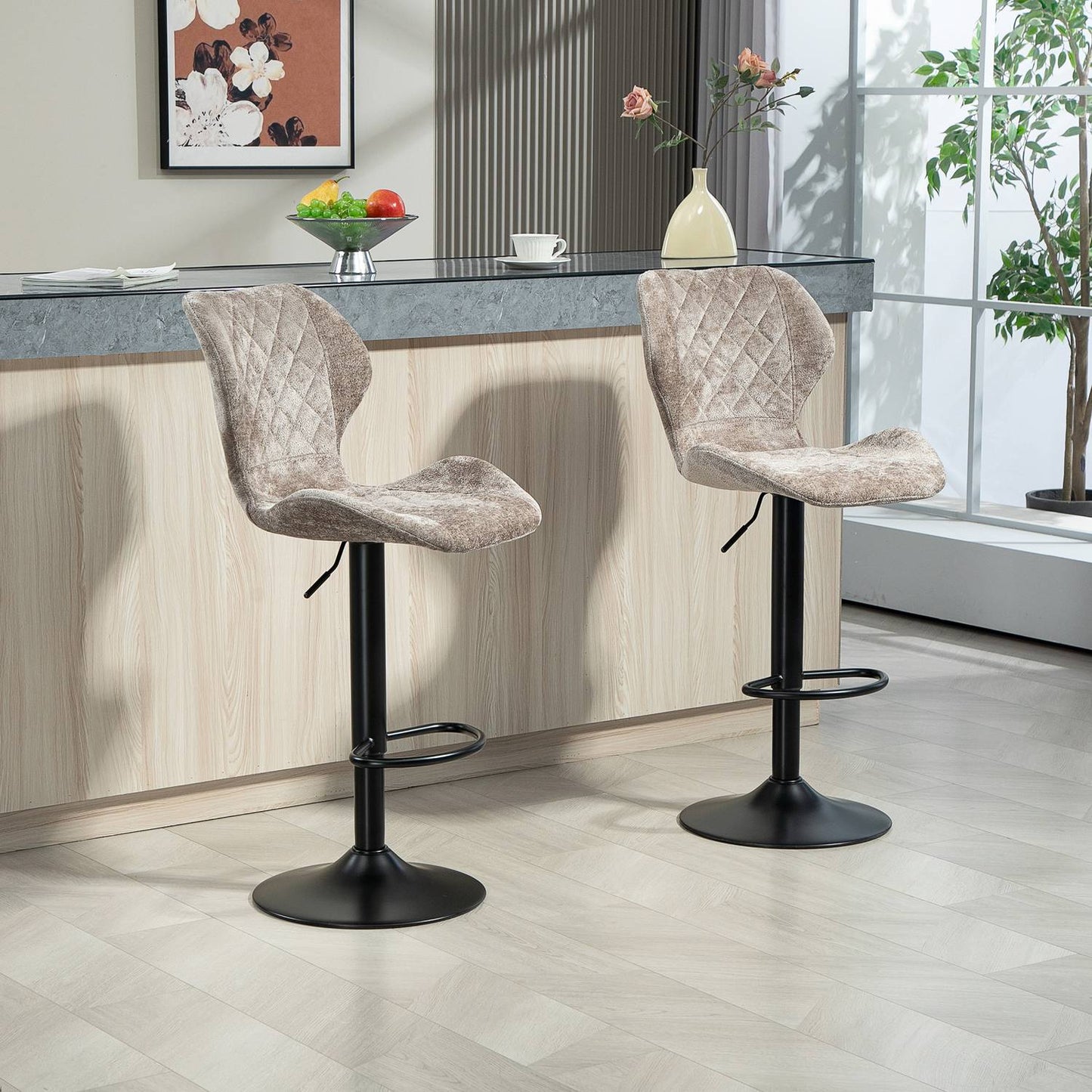 Adjustable brown chenille bar stools, 360° rotatable, set of 2