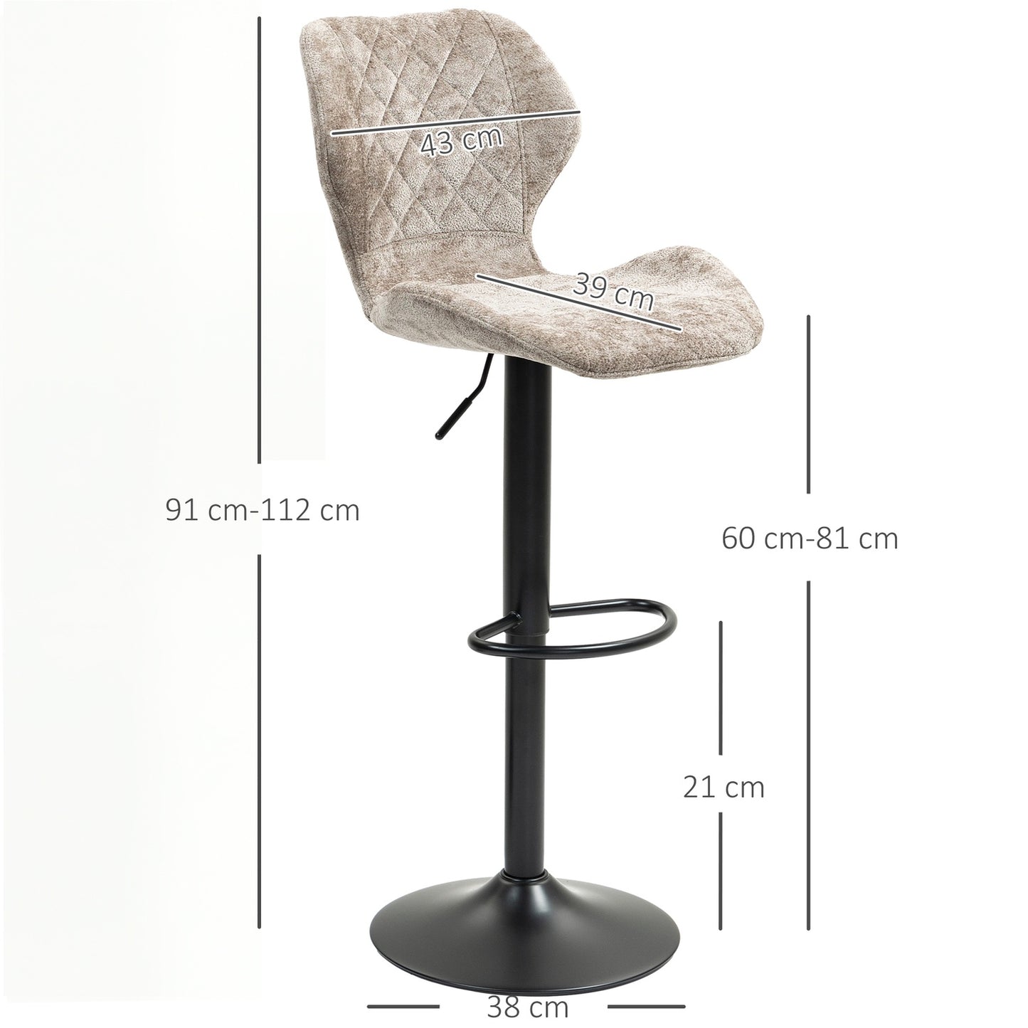 Adjustable brown chenille bar stools, 360° rotatable, set of 2