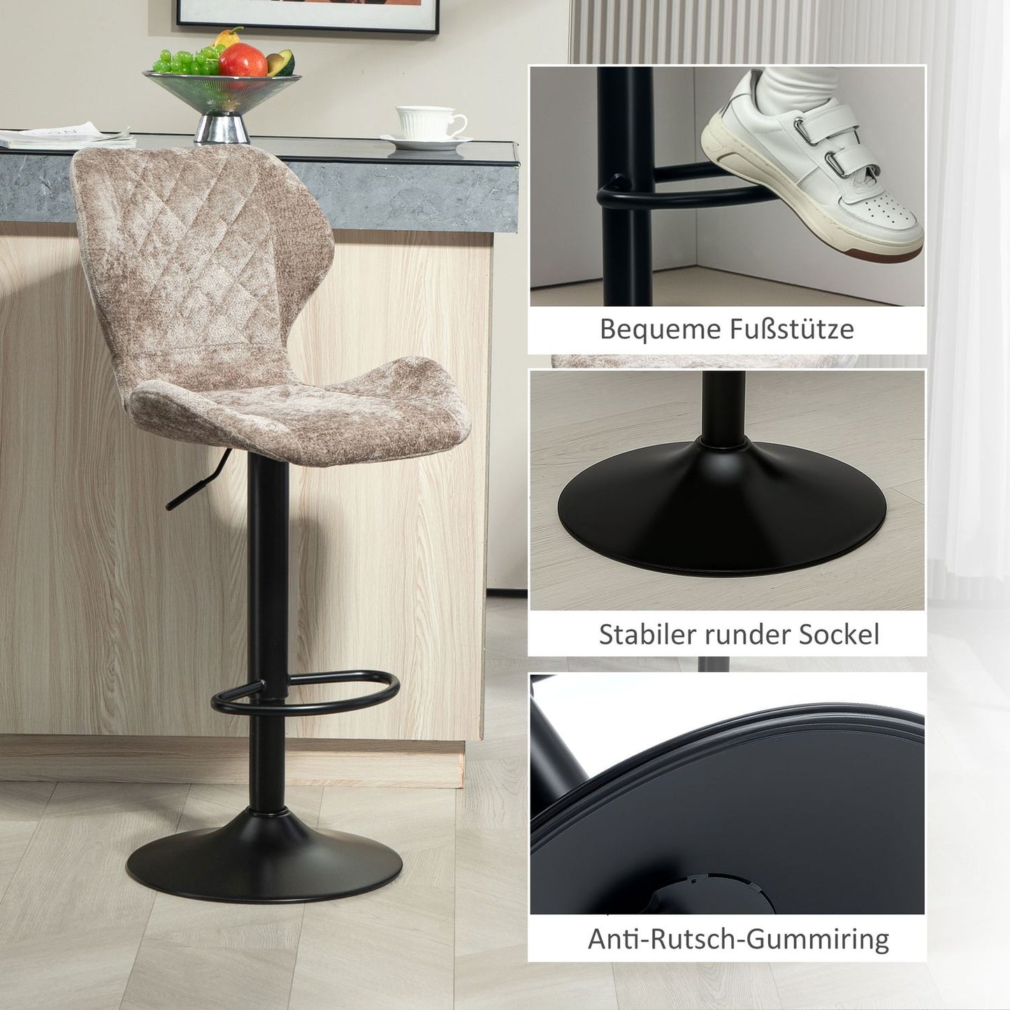 Adjustable brown chenille bar stools, 360° rotatable, set of 2