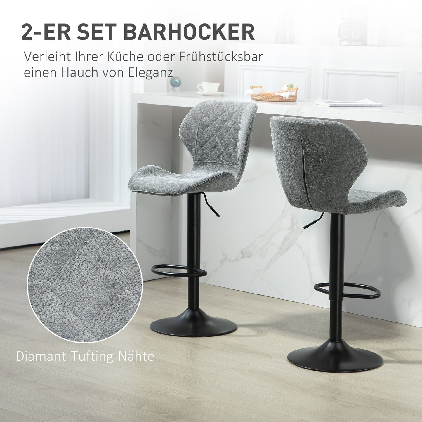 Adjustable Bar Stool Set of 2 - Upholstered Gray Swivel Stools