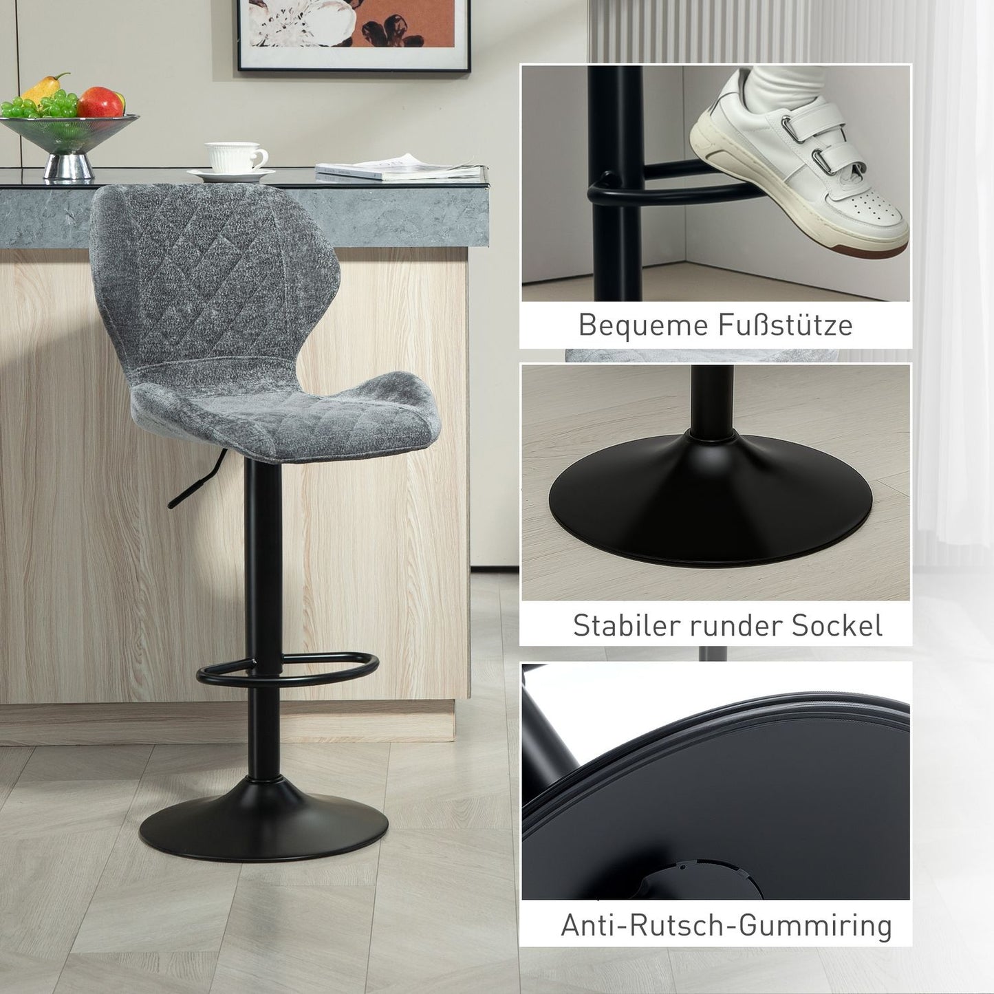 Adjustable Bar Stool Set of 2 - Upholstered Gray Swivel Stools