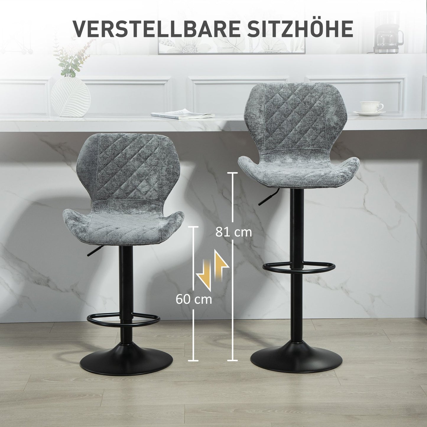 Adjustable Bar Stool Set of 2 - Upholstered Gray Swivel Stools