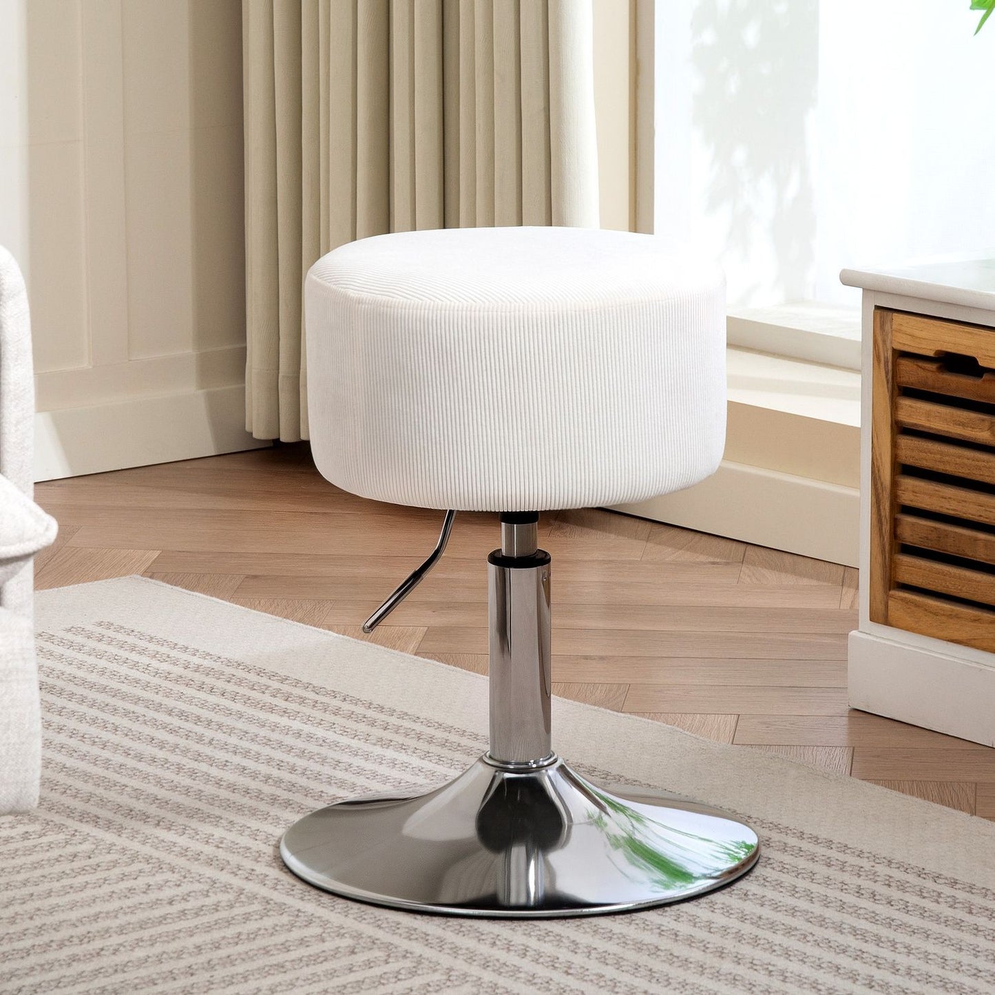 Bar stool, upholstered bar chair with metal frame, corduroy look, height adjustable, 360° rotatable, white