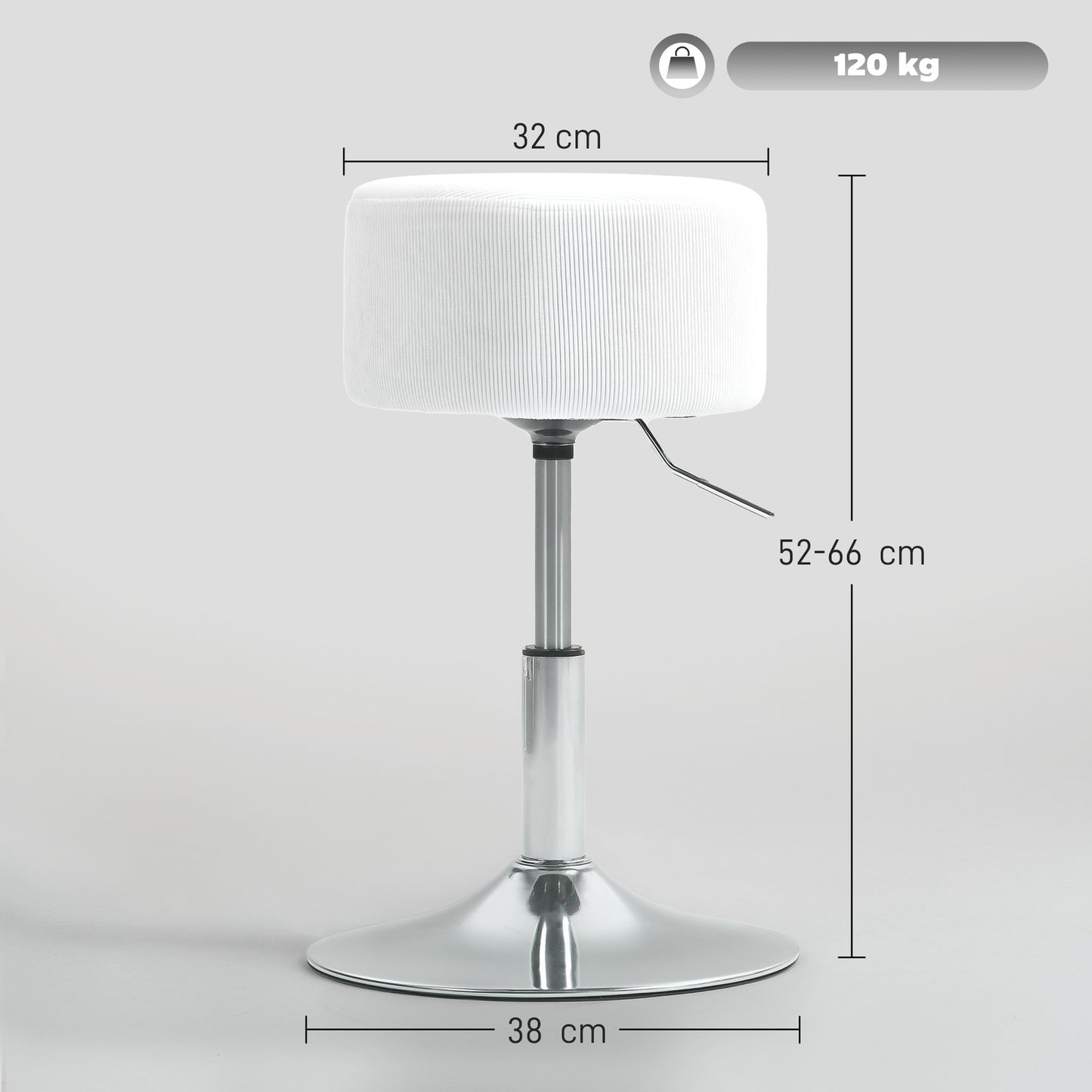 Bar stool, upholstered bar chair with metal frame, corduroy look, height adjustable, 360° rotatable, white